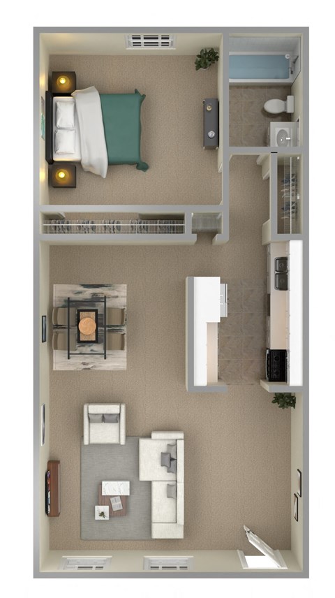 Floor plan for 1 bed, 1 bath, 570 sqft